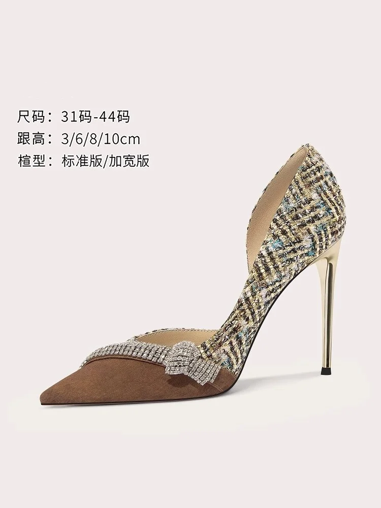 

Spring and summer pointed side empty rhinestone flat sandals thin high-heeled banquet dress large size small size women's shoes