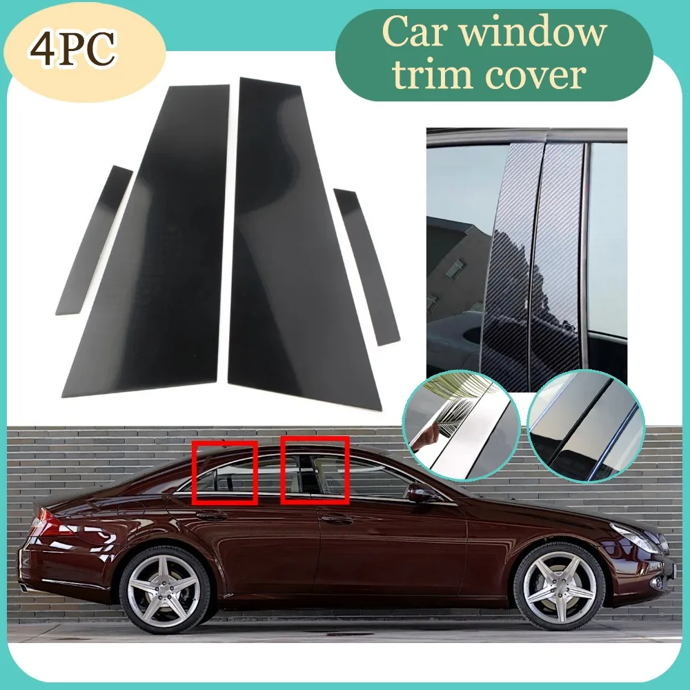4Pcs Gloss Black Pillar Post Silver Carbon Fit For MERCEDES CLS C219 2006 2007-2011  Door Side Window Decor Cover Accessories