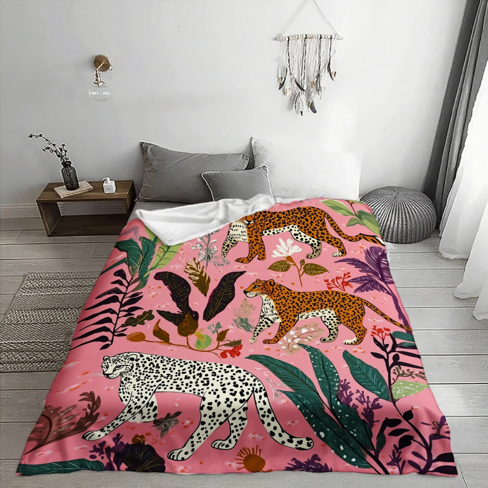 Luxury Animal Print Throw Blanket Jungle Safari Leopard Tiger Tropical Leaf Design Cozy Decorative Fleece Bed Throw Boho Decor