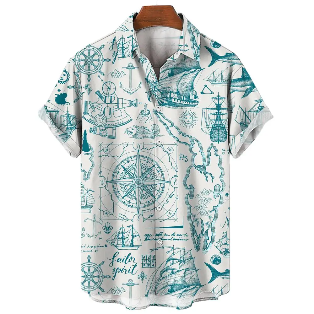 Retro Men\'s Shirt 3d Nautical Print Short Sleeve Shirt Top For Daily Casual Hawaiian Shirts For Men Fashion Oversized Shirt 2024