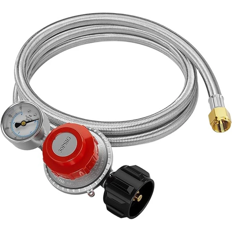 5ft 0-30 Psi High Pressure Adjustable Propane Regulator With Pressure Gauge Stainless Steel Braided Hose