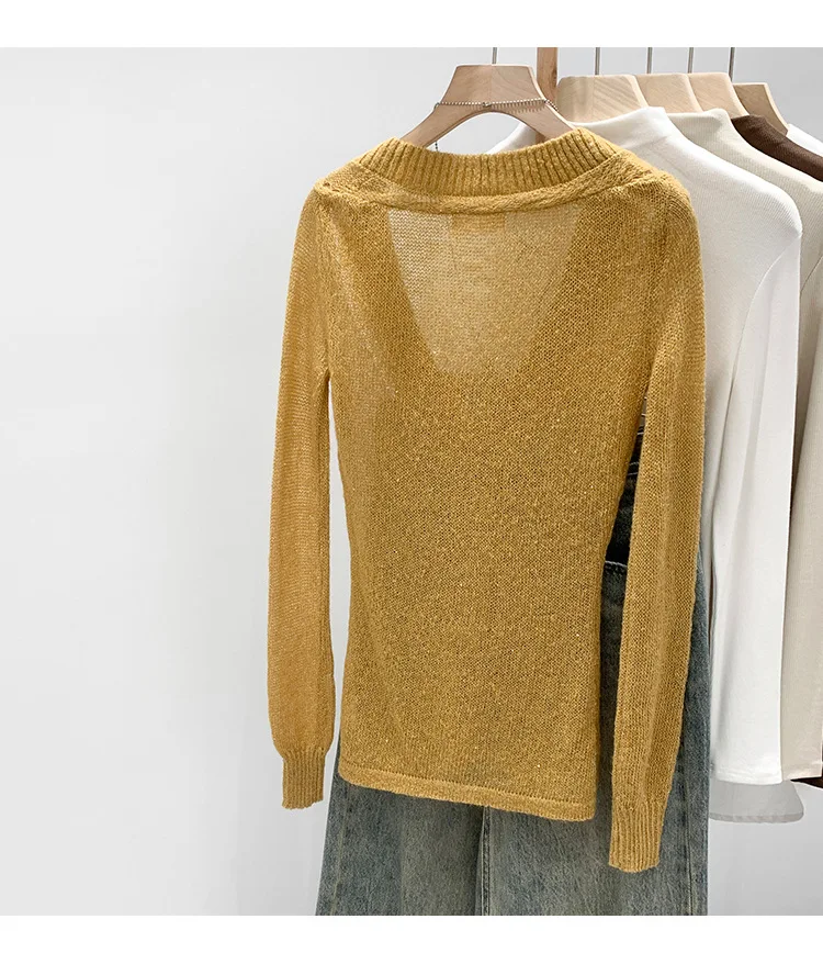 Women V‑Neck Hollow Out Knit Sweater Vintage Glitter Yarn Long Sleeve Slim Fit Pullover Jumper Elegant Female Autumn Knit Tops