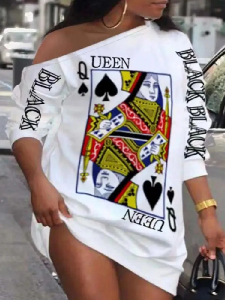 เดรสแฟชั่นผู้หญิงทรงหลวมสำหรับฤดูใบไม้ร่วง ลายพิมพ์ กระดุมโลหะ คอเฉียง