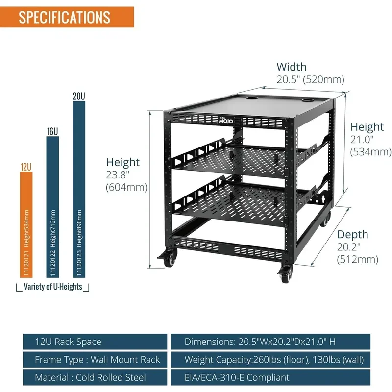 12U Open Frame Network Rack for IT AV Gear 4 Post With Casters Mobile With 2 PCS 1U Server Shelf Mounting Hardware for 19