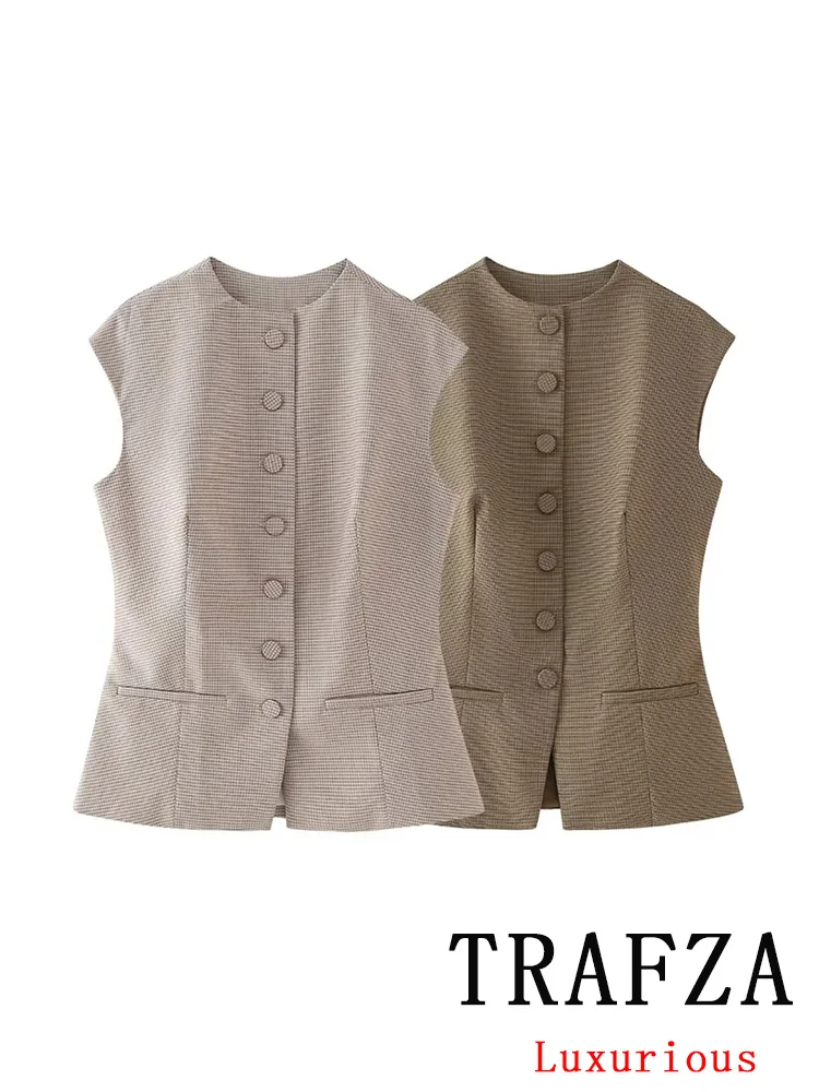 TRAFZA Vintage Casual Chic Women Vest Plaid O-Neck Single Breasted Straight Sleeveless Top New Fashion 2024 Autumn Holiday Vest