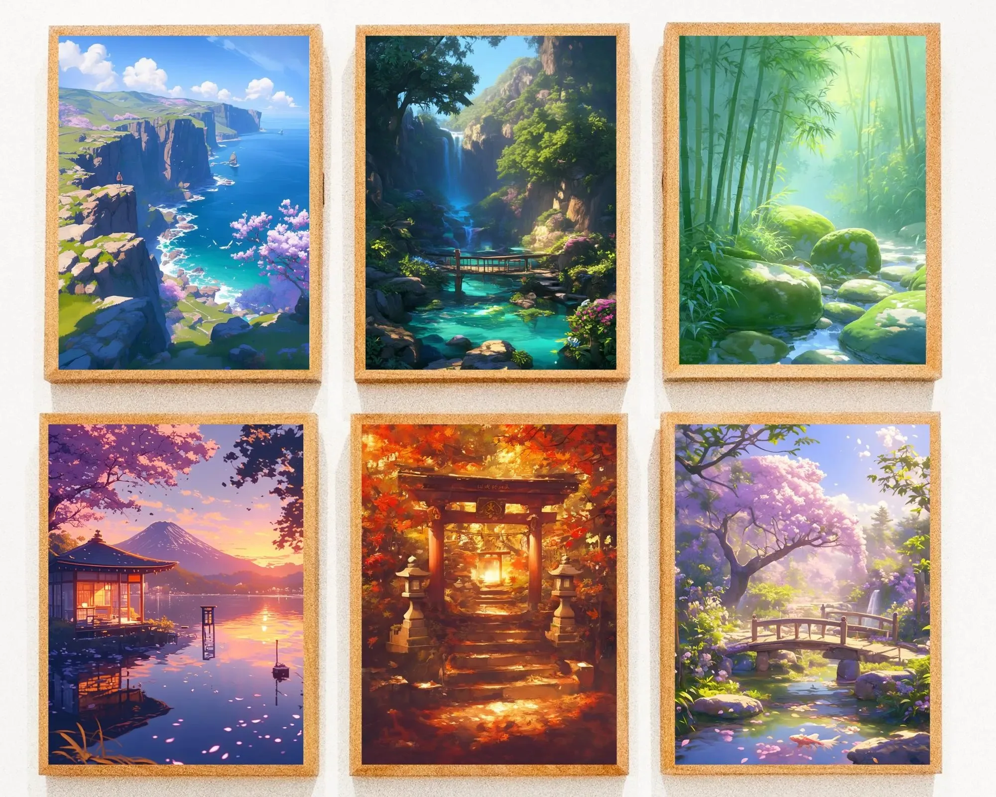1pc frameless Canvas Painting Japanese Anime Landscape Canvas Prints Green Trees Pink Cherry Blossom Plant Wall Art Posters for
