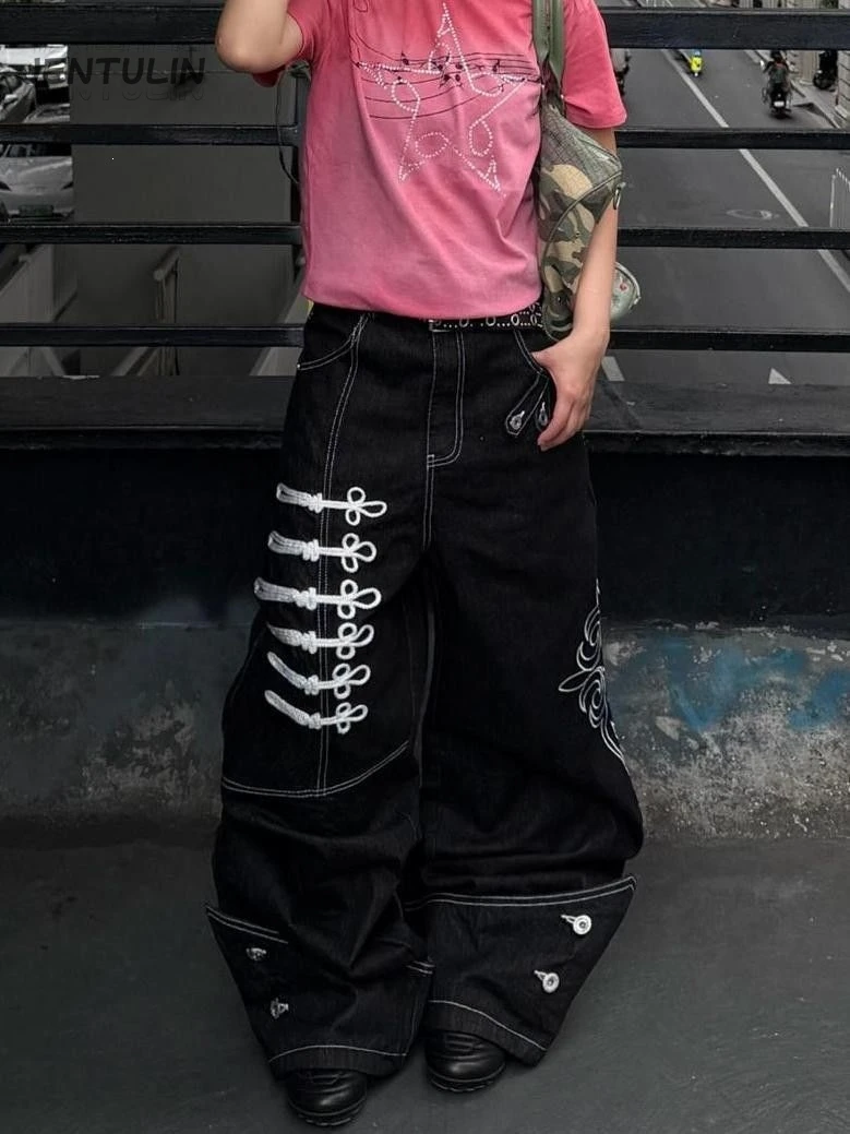 Y2K Wide Leg Jeans Chinese Knot Decor Contrast Stitch Baggy Denim Pants Gothic Streetwear Vintage Oversized Cargo Trousers