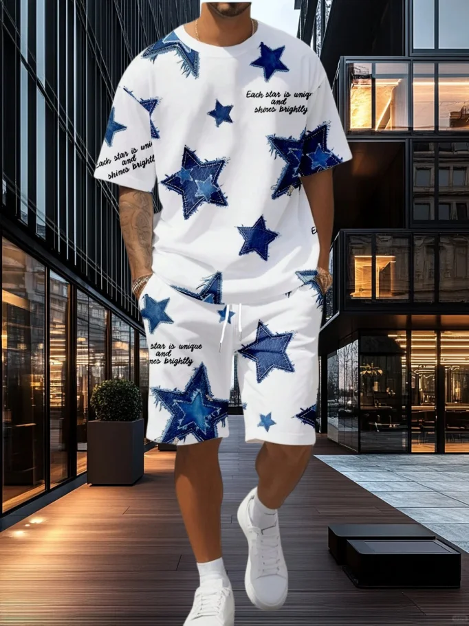

2025 Blue Flower Print Tracksuit 2 Piece Set Men T-Shirt Shorts Pants Suit Sports Short Tracksuit Vintage Outfit Male Clothing