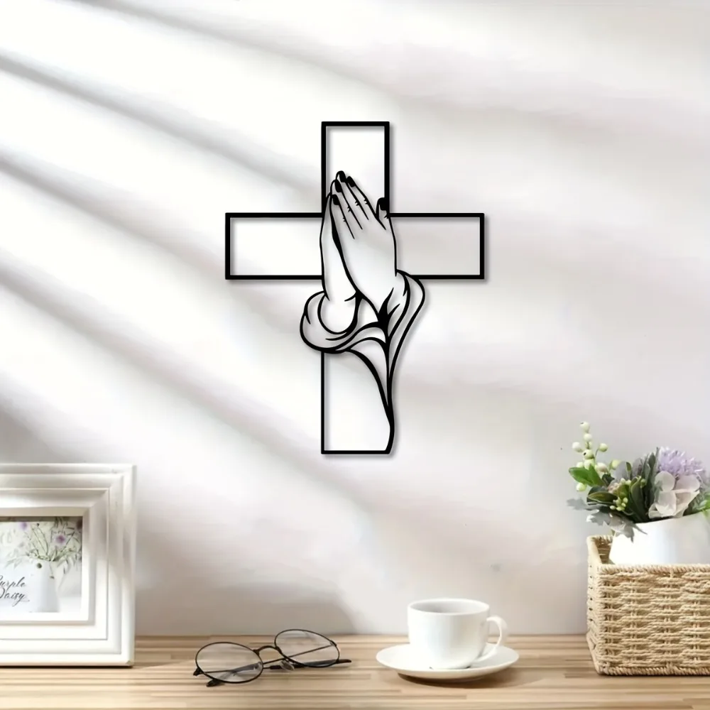 CIFBUY Metal Wall Art Religious Iron Cross Prayer Hands Elegant Spiritual Hanging Decor Living Room Home Ornament