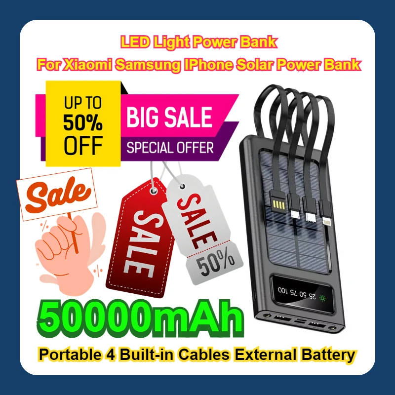 

Portable 4 Built-in Cables External Battery LED Light Power Bank For Xiaomi Samsung IPhone Solar Power Bank 50000mAh