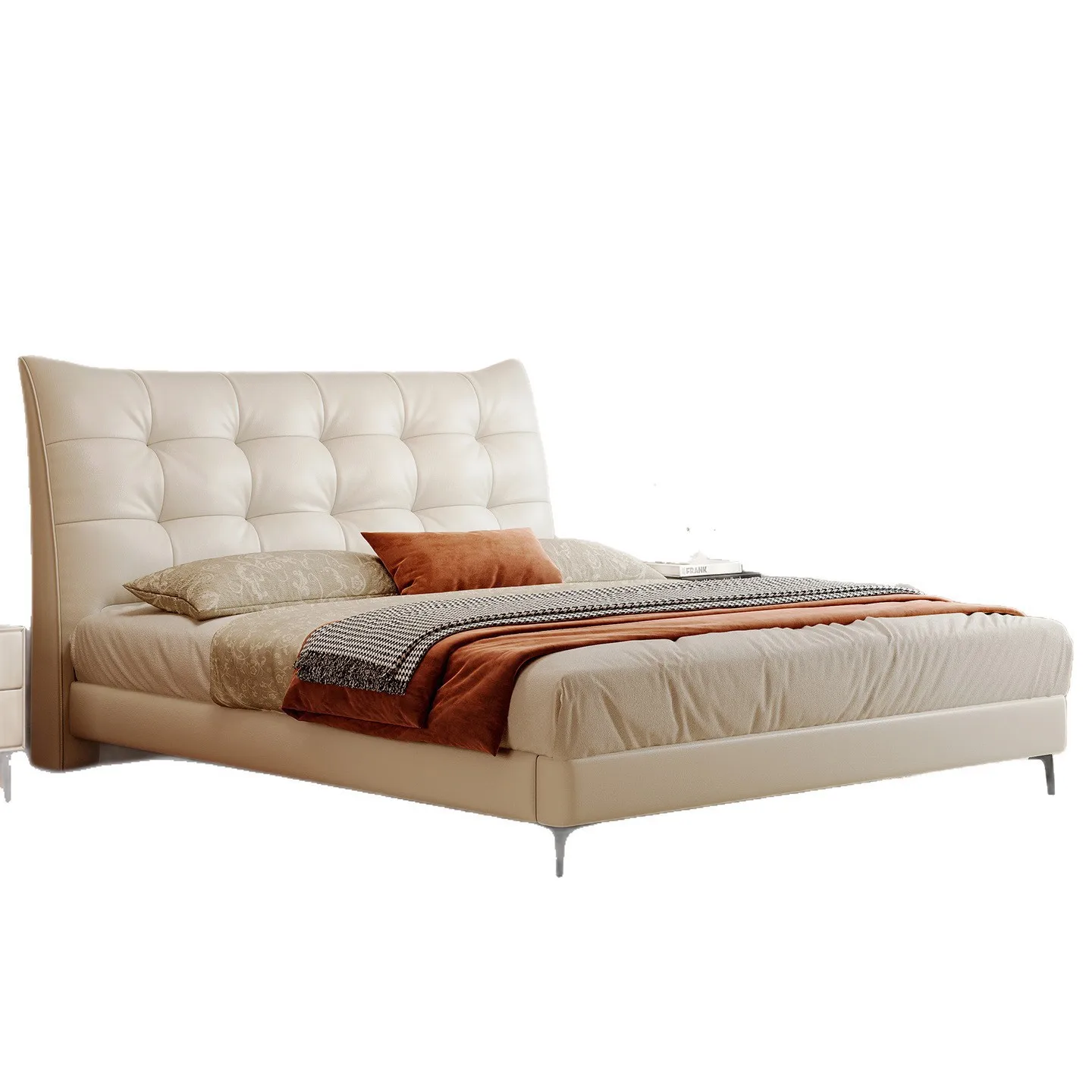 Medieval cream wind first layer cowhide double master bedroom bed small apartment soft bag leather bed