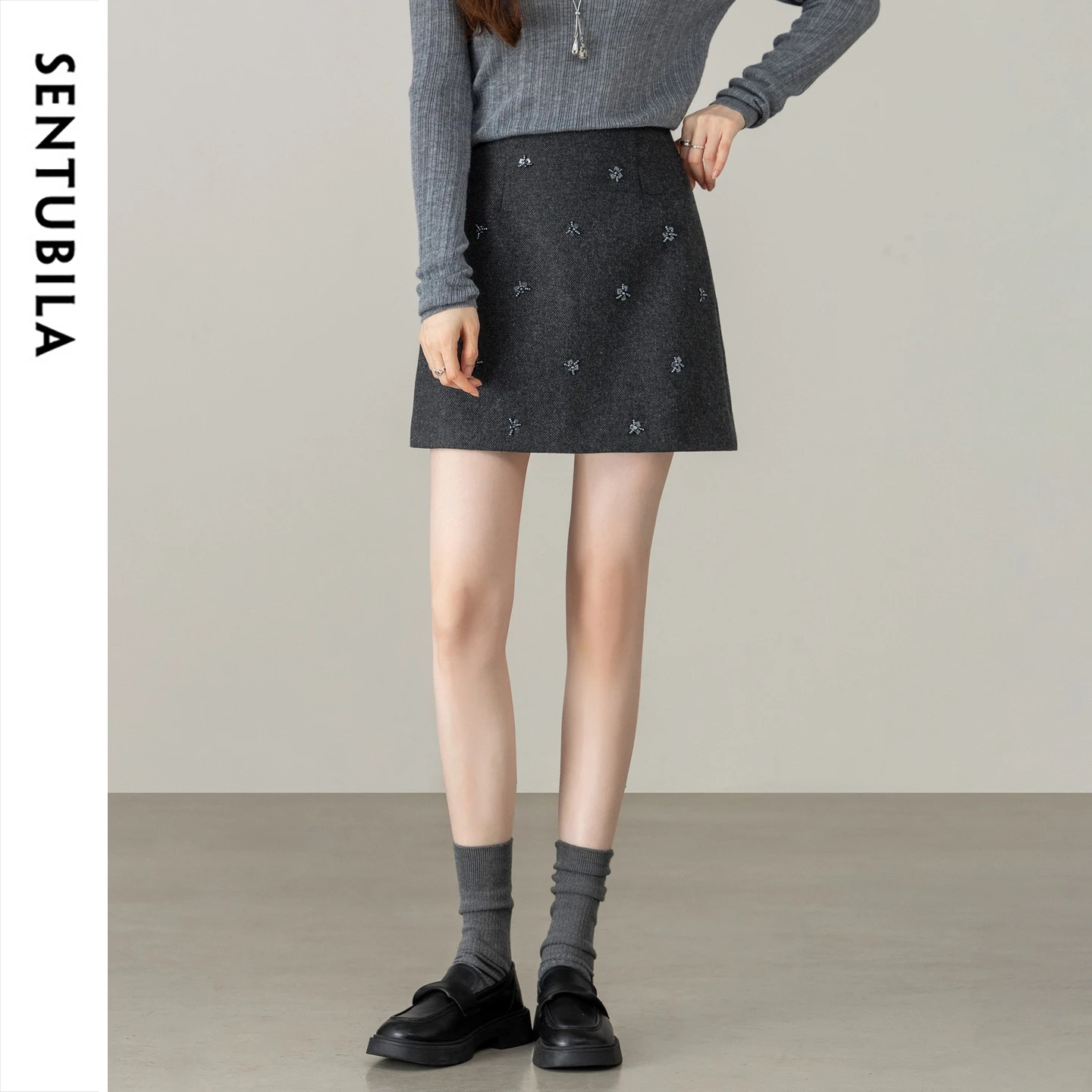 SENTUBILA Women Straight Mini Skirt Wool Blend Hand Beaded Petite Office Skirt 2026 Winter Slim Commuter Short Skirt 164QF8621