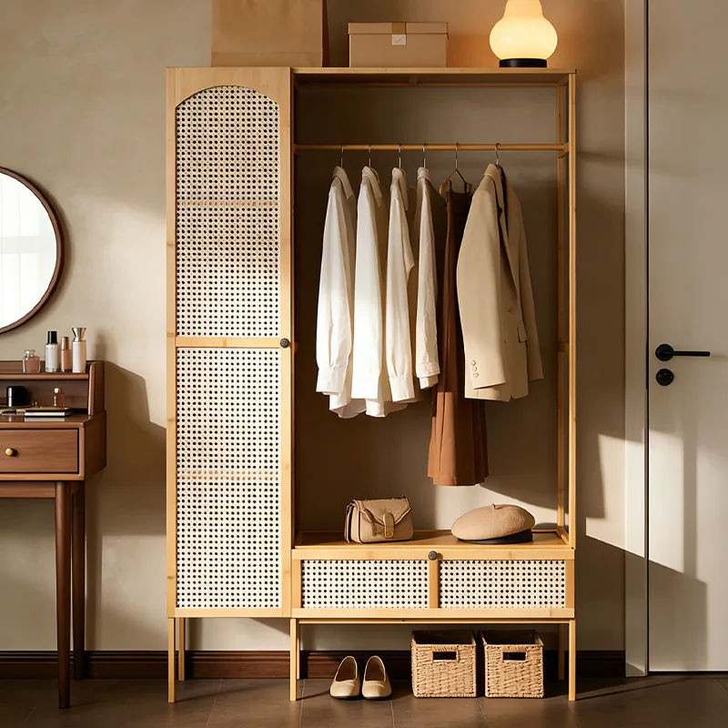 Vintage style high-value wardrobe combination, large bedroom wardrobe, rattan breathable clothes multi-layer storage cabinet