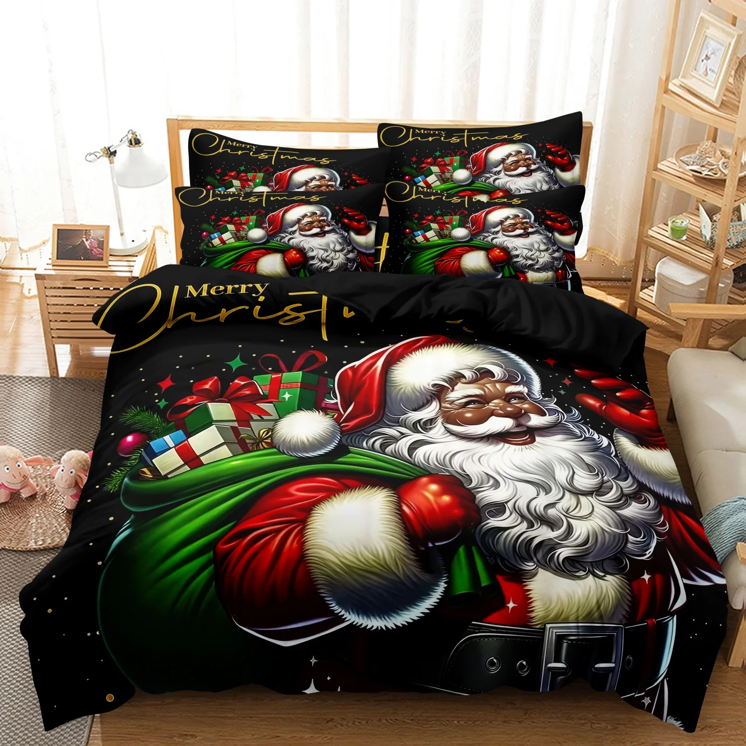 3Pcs Modern Black Santa Christmas Duvet Cover Set, Santa Oversized Gift Sack Colorful Presents Golden Merry Christmas Bedding