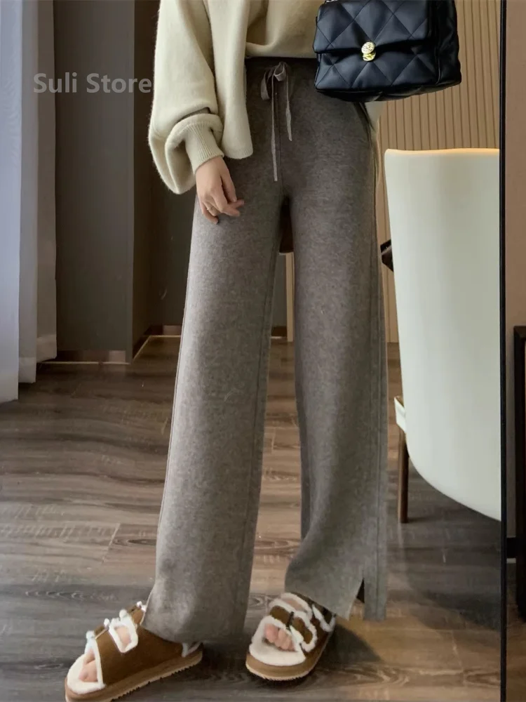 2024 Korean Knitted Wide-Leg Pants Women's Soft Glutinous Rice High Waist Drooping Straight Loose Casual Mopping Pants Ins