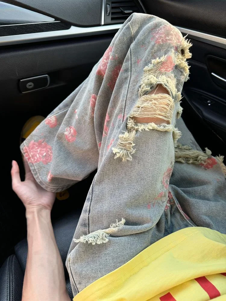 

American High Street Men's Floral Destroyed Jeans Summer Slim Fit Straight Leg Long Pants Rose Print Casual Trousers