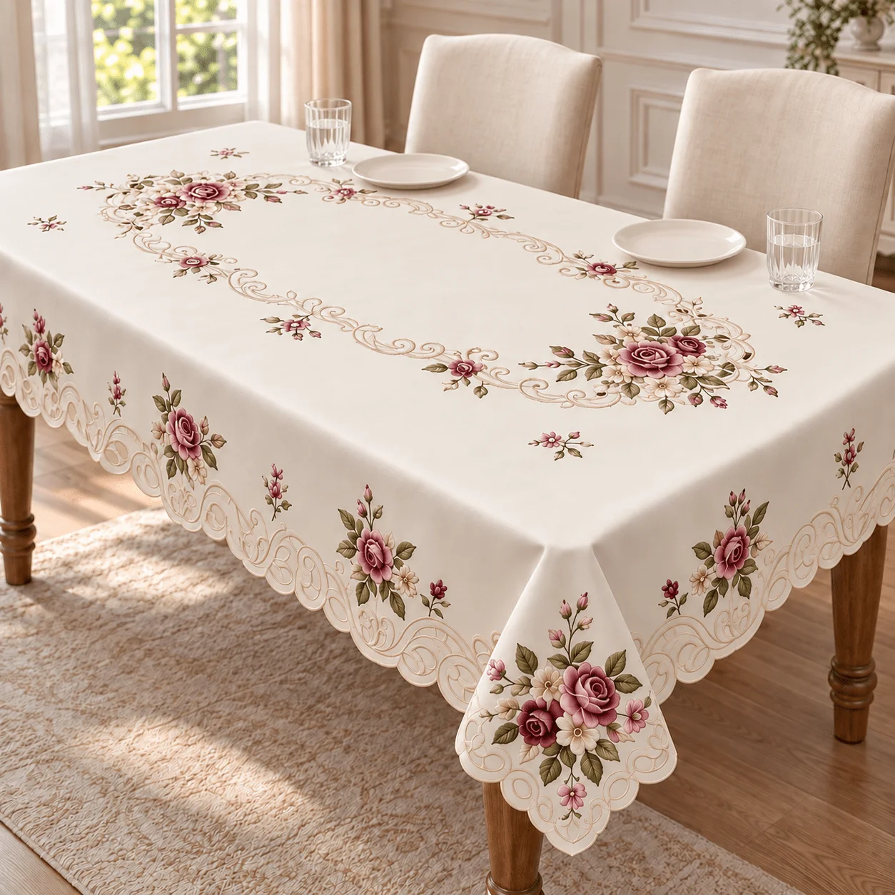 1 rectangular tablecloth, with a French romantic atmosphere on the floor! Champagne curly grass pattern and hollow wavy lace