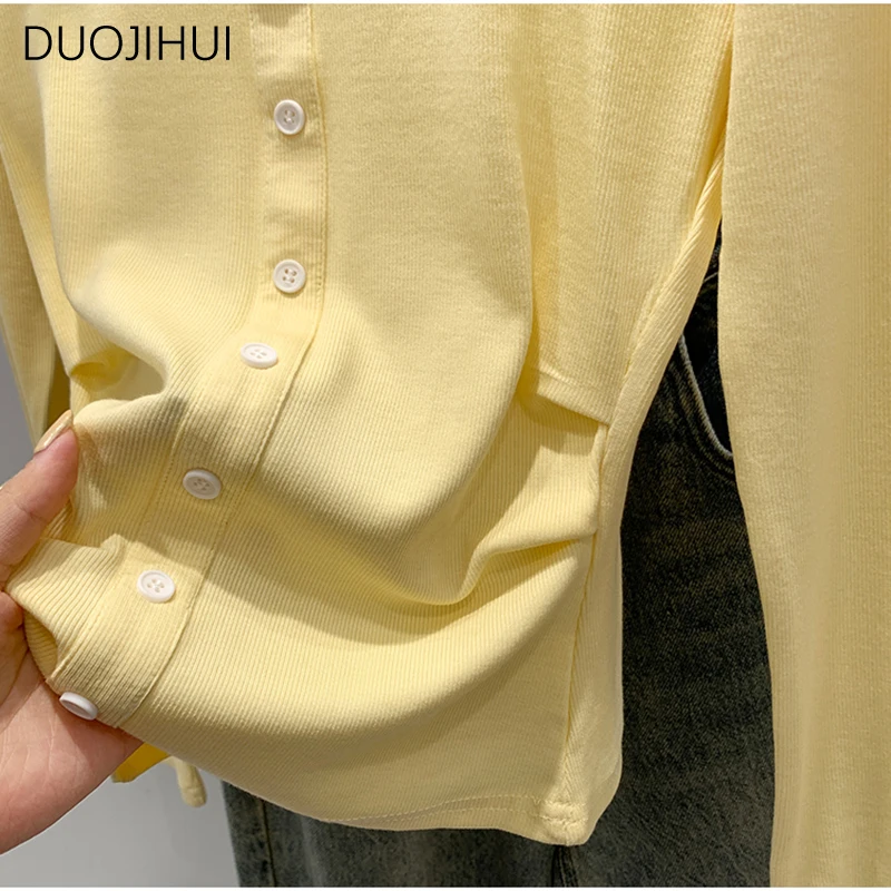 DUOJIHUI Yellow Classic O-neck Simple Casual Women T-shirts Autumn Chic Button Pure Color Basic Long Sleeve S-XL Female T-shirts