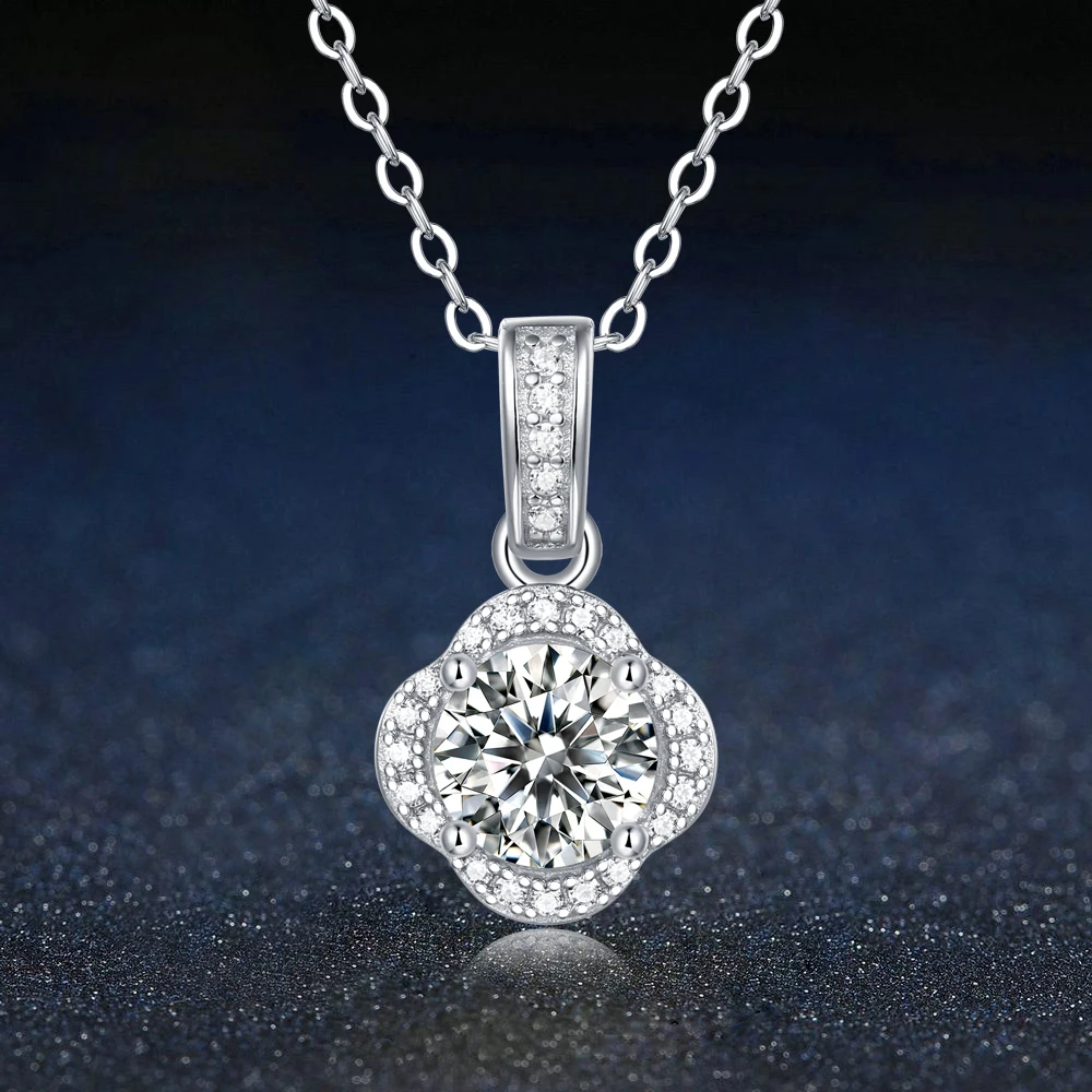 

6.5mm Moissanite Diamond Pendant Flower Shape Necklace Original 925 Solid Sterling Silver Chain for Women Fine Jewely - Luck