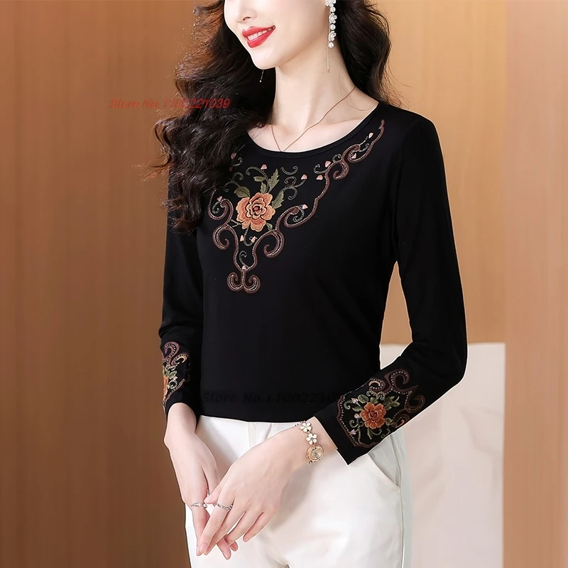 

2025 chinese vintage shirt national flower embroidery o-neck folk shirt traditional hanfu tops oriental ethnic retro base shirt