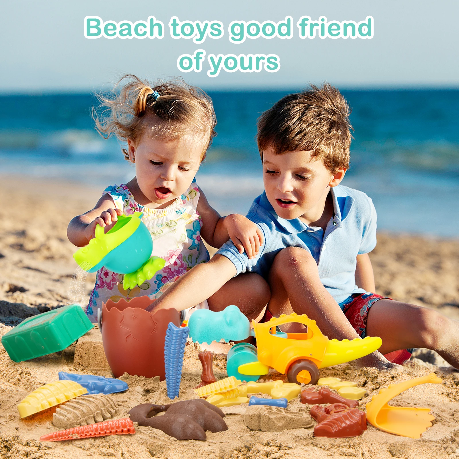 Kids Dinosaur Beach Toys for 3-8 Years Old Boys and Girls,Beach Toys 33 Pcs,Including Bucket and Shovel,Dinosaur Skeleton Gift