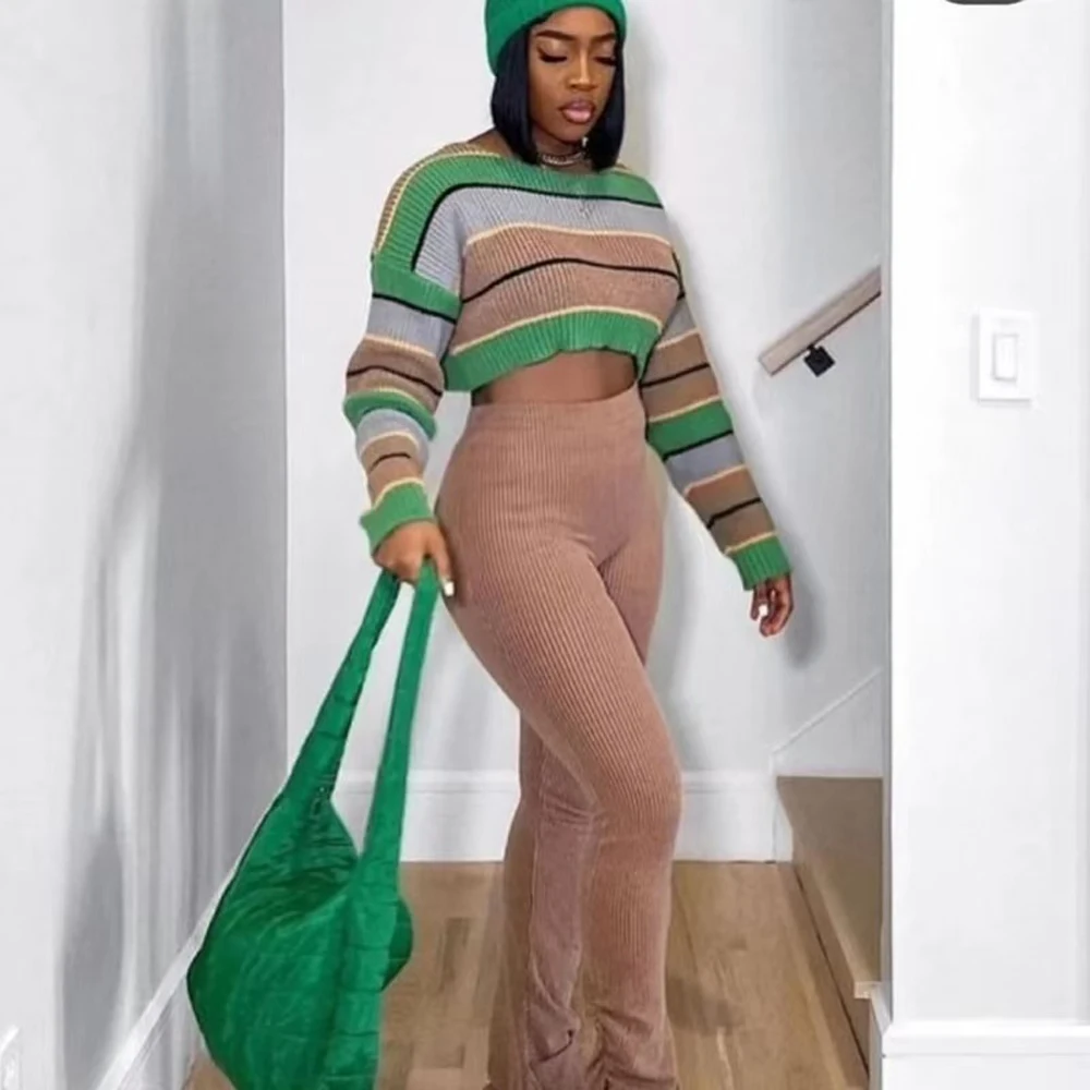 Women 2 Piece Set Long Sleeve Striped Sweater and Sweat Pants Suits 2025 Winter Fitness Active Two Piece Lounge Sets Tracksuit
