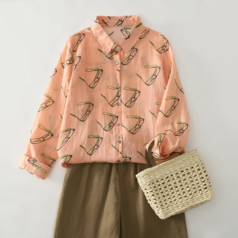 ربيع الخريف جديد طويل Sve مطبوعة القطن الخالص irt جديد الصينية Sle القنب المرأة الأعلى ort Sve بدوره إلى أسفل طوق واحد...