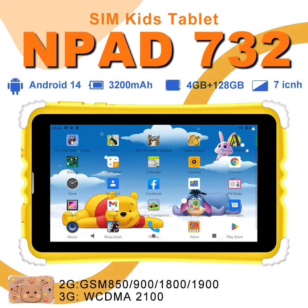 

Android 15 Tablet for Kids 7 inch Quad-Core, 128GB ROM 4GB RAM TF Card Expandable,SIM Card, Parental Control, Dual Camera, WiFi