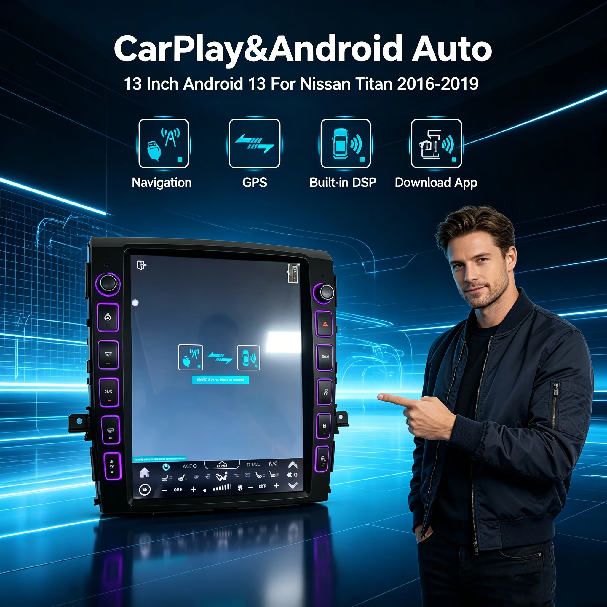 Radio para Auto Android 13 de 13 Pulgadas para Nissan Titan 2016-2019, Carplay Inalámbrico, Estéreo para Auto, GPS, Navegación, Reproductor Multimedia, Unidad Principal
