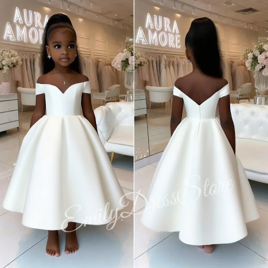 

Customized White Satin Flower Girl Dresses For Wedding Simple Off The Shoulder Puffy Kids Birthday Party First Communion Gown