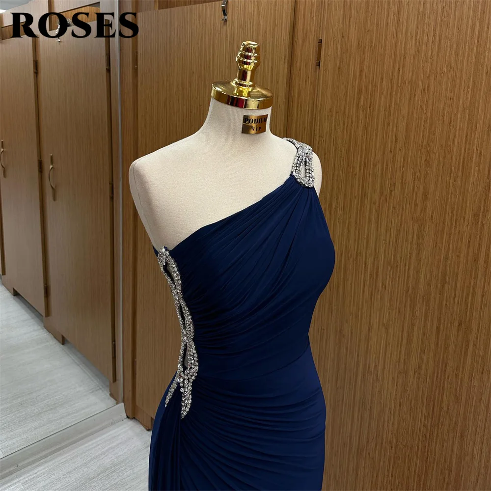 ROSES Dark Navy Prom Dress Beading One Shoulder Party Dress Pleat Split Celebrity Gown Wedding Stain Party Dress вечерние платья