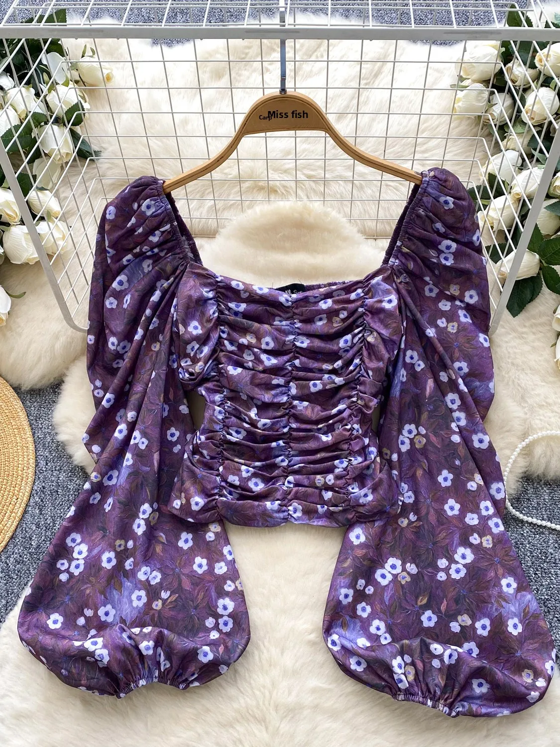 Rétro col carré bulle Sve Floral irt femmes automne Faionable polyvalent ort haut plissé coréen Sle coupe ample