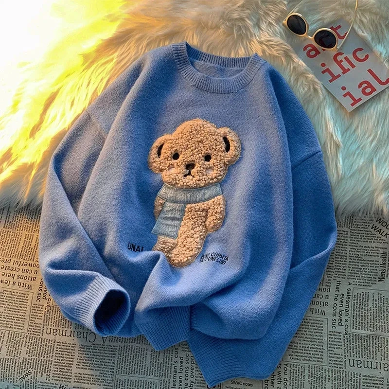 Keramo 2023 Korean Style Cartoon Bear Print Knitted Sweater Women Kawaii Harajuku Blue Long Sleeve Oversize Jumper Female Winter