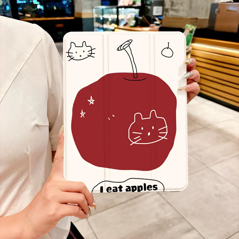 ins cat eat apple pattern tri-fold Tablet CASE For iPad pro 10/11/2020/6th/7th /8th /Air 3rd/Air 4th/9th gen/Air 5th Gen 2022/Ai