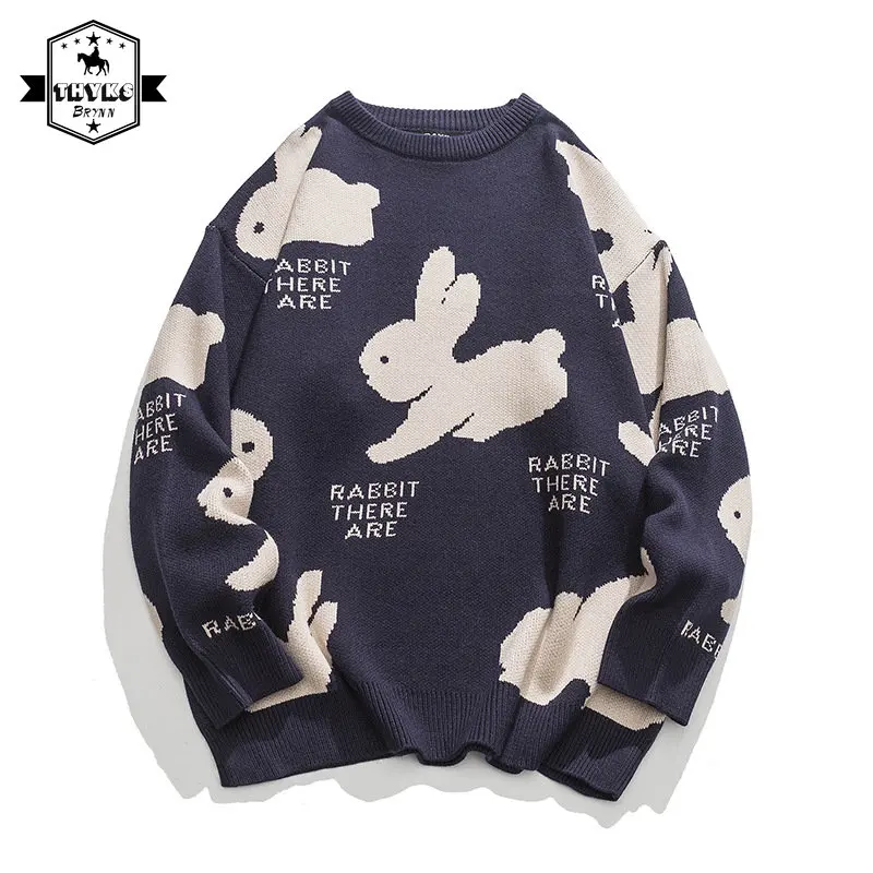 Winter Retro Christmas Sweater Men Cartoon Rabbit Knit Sweaters Casual Loose Unisex Pullovers Couple Knitwears New Ropa Hombre