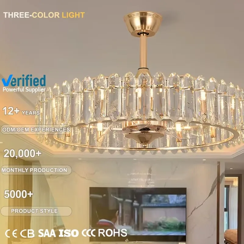Modern Fancy Crystal Chandelier Lighting Dining Room Bedroom Led Luxury Ceiling Lamp with Fan