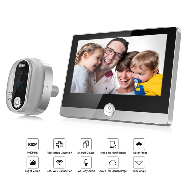 Jeatone Wifi Smart Door Bell Camera Tuya 4.3 Inch 1080P/158° Video Door Peepholes PIR Movement Detection Eye Wireless Doorbell