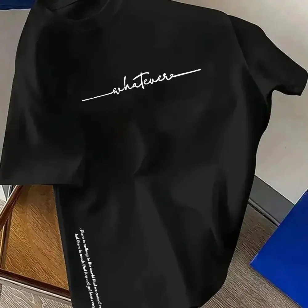Whatever Cursive Letter Print T Shirt Men Minimalist Side Text Graphic Crew Neck Casual Loose Short Sleeve Basic Tee
