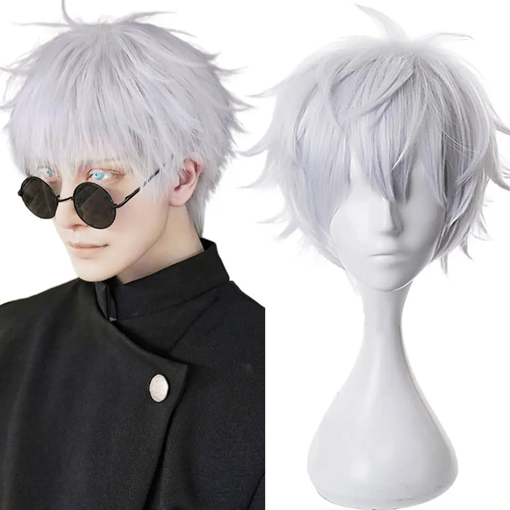 Five-jo gou peruca cosplay branca de seda de alta temperatura masculina curta virada peruca cosplay 2d