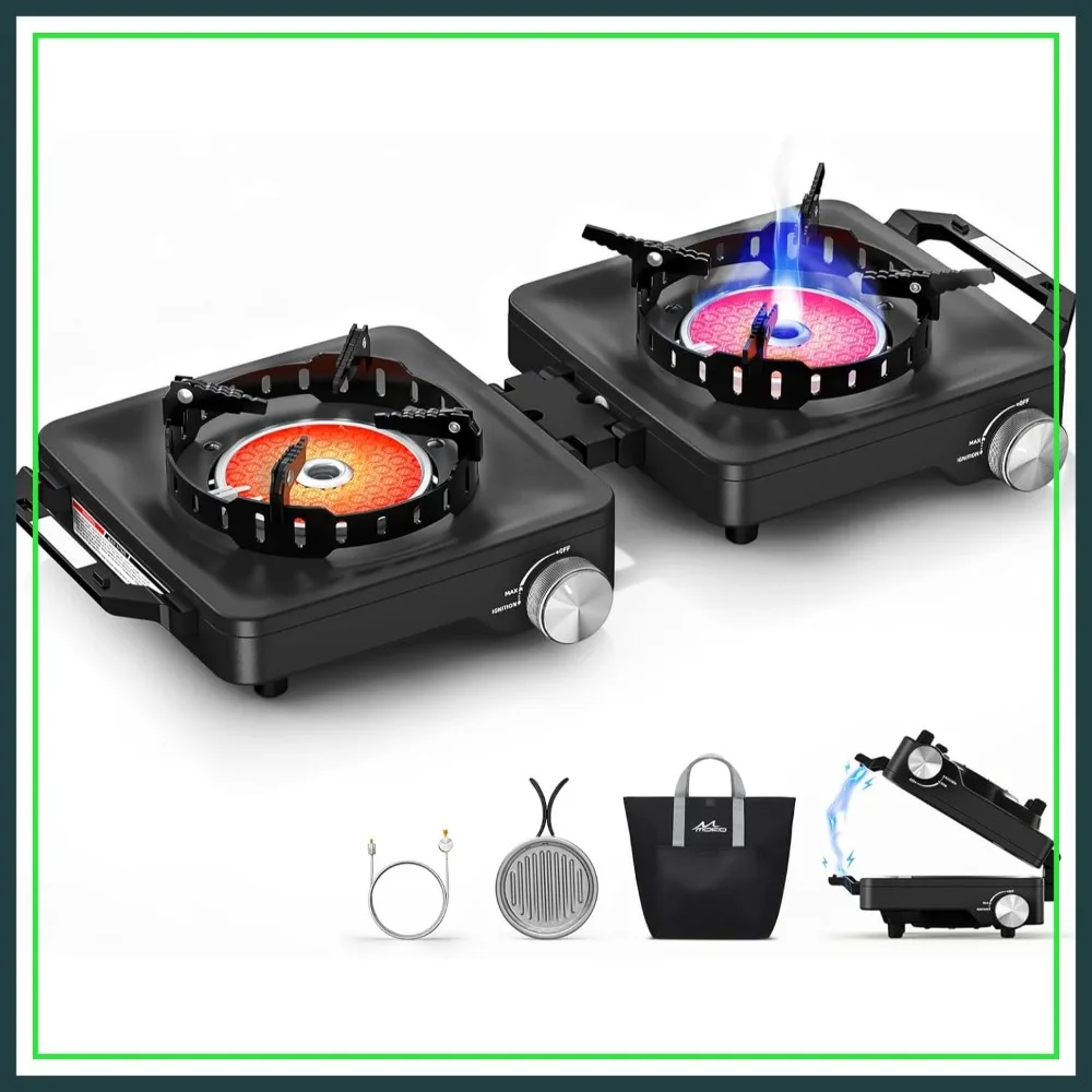 

36,000 BTU Propane Camping Stove 2 Burner, Infrared & Open Flame Hybrid, Windproof Folding Portable Gas Cooking Kit