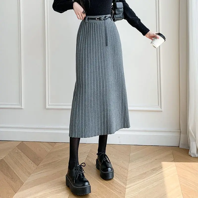 Temperament Grey Knitted Pleated Skirt Half Length Skirt High Waist Slimming Look Baggy Skirt A-line Umbrella Skirt