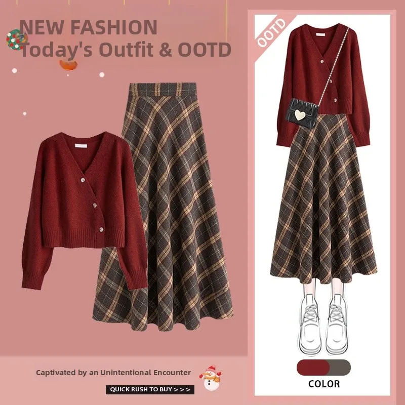 

Red High Waist Plaid Skirt with Button Design Sweater Fashionable Slimming Autumn Winter New Arrival Vintage Style