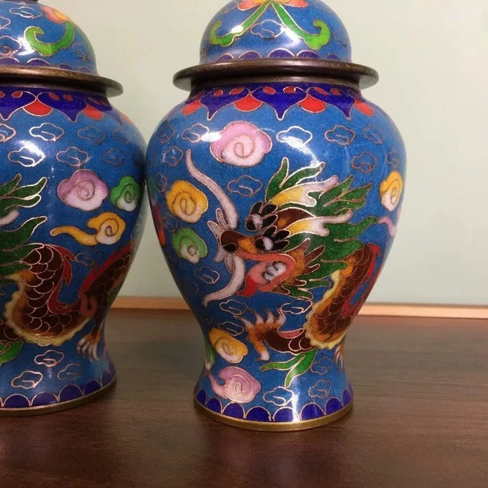 Pair Solid Brass Cloisonne Dragon General Jars with Lids Antique Palace Style Home Furniture Decor Gift