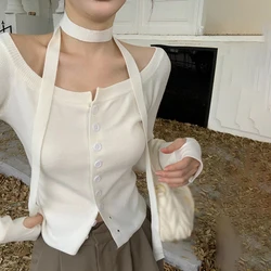 Women's Knitted Tops Cardigan Off Shoulder Necktie Solid Colour Slim All-Match Spring Autumn Sweaters Long Sleeves Tops