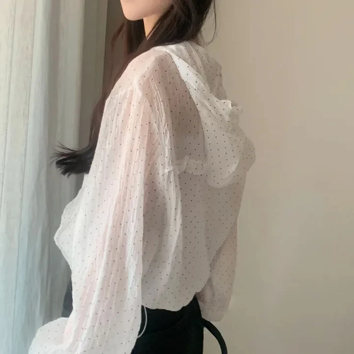 

Summer Fre Polka Dot Long Sve ort Top Hat Sun Protection irt Women's Cotton 00% irt Casual Faion Summer 2025