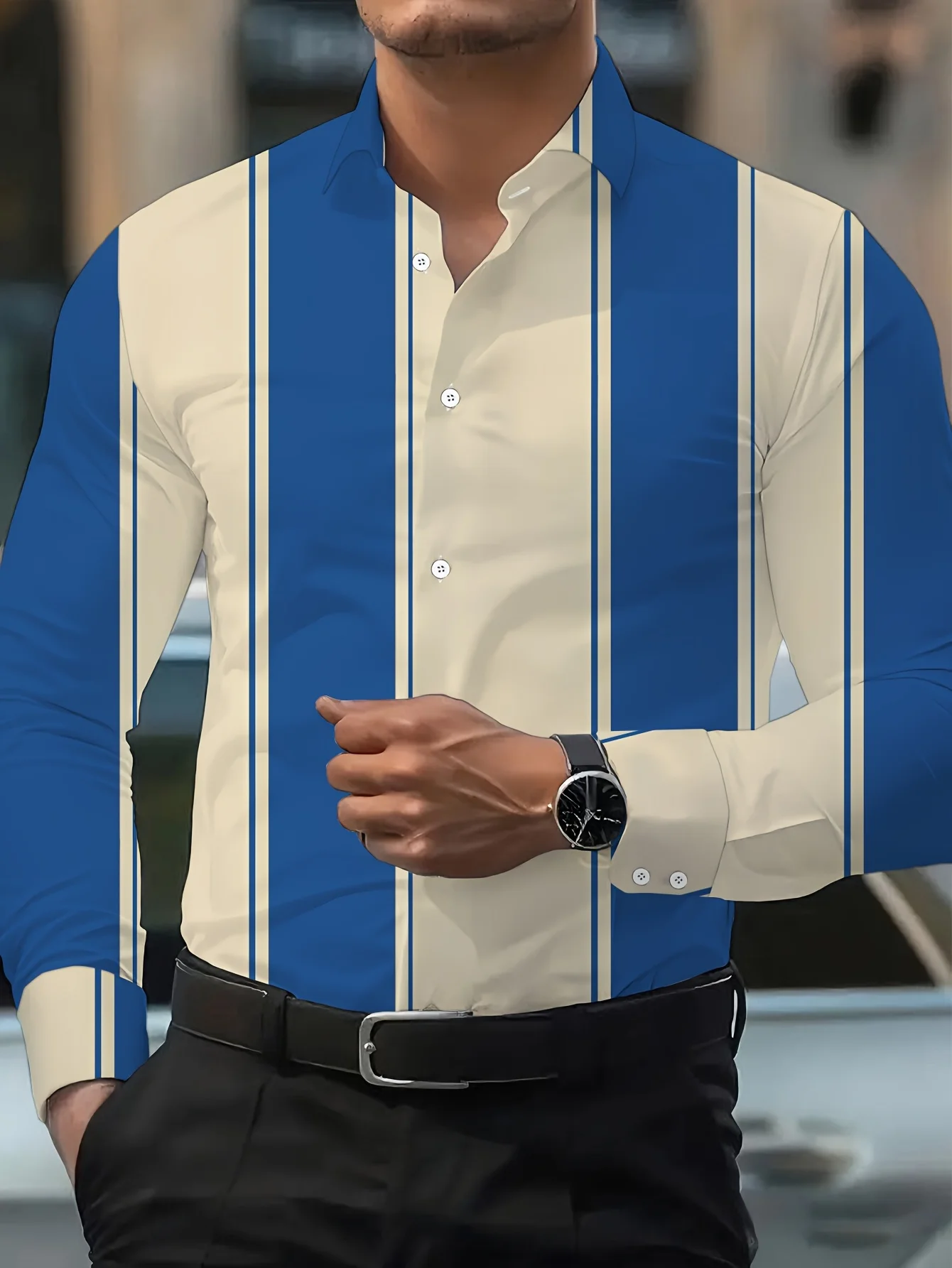 Stylish Men Color‑Block Vertical Stripe Print Long Sleeve Shirt Polyester Lapel Button‑Up Street Blouse