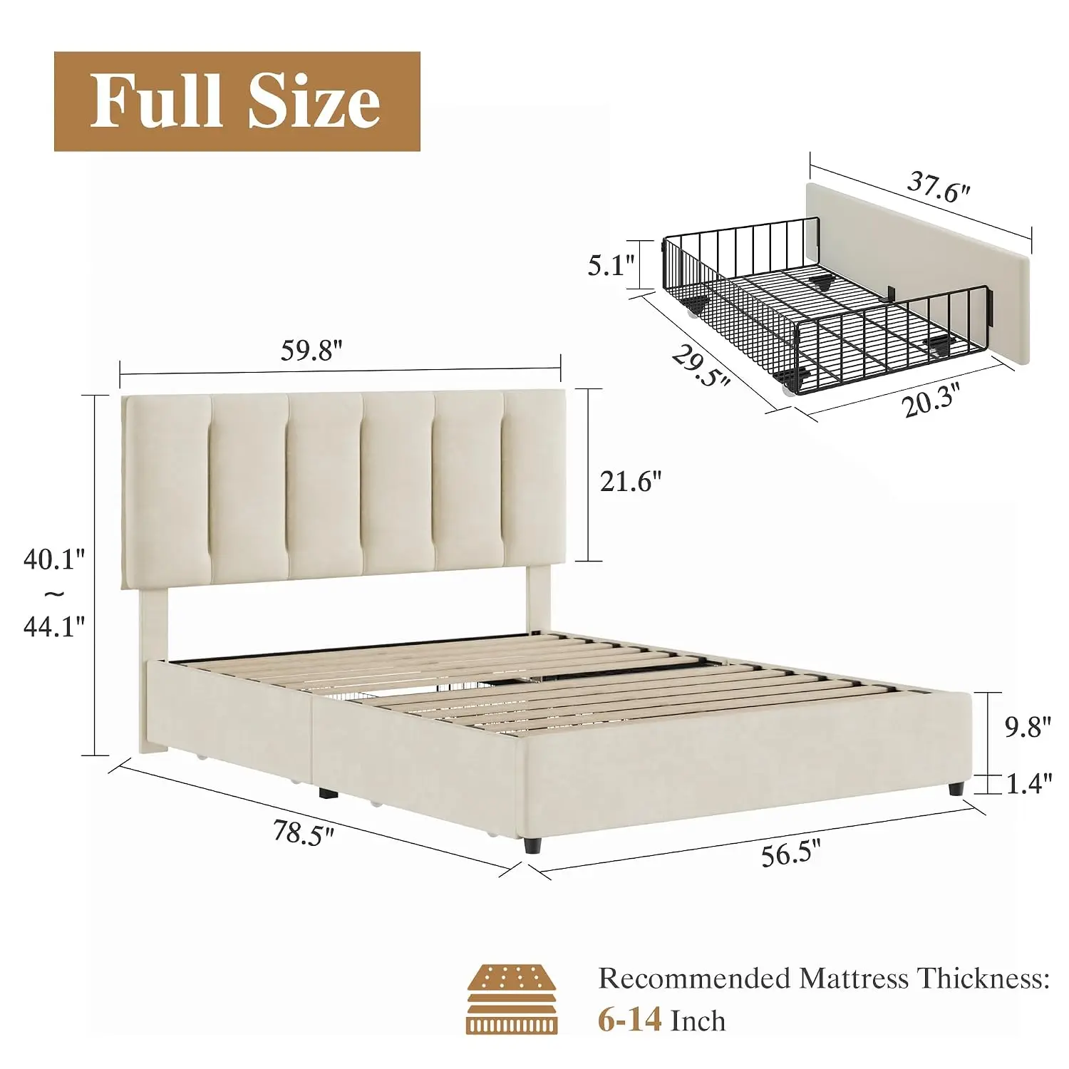 Full Size Bed Frame with 4 Storage Drawers, Adjustable Height Headboard, Heavy-Duty Platform Bedframe with Strong Wooden Slats