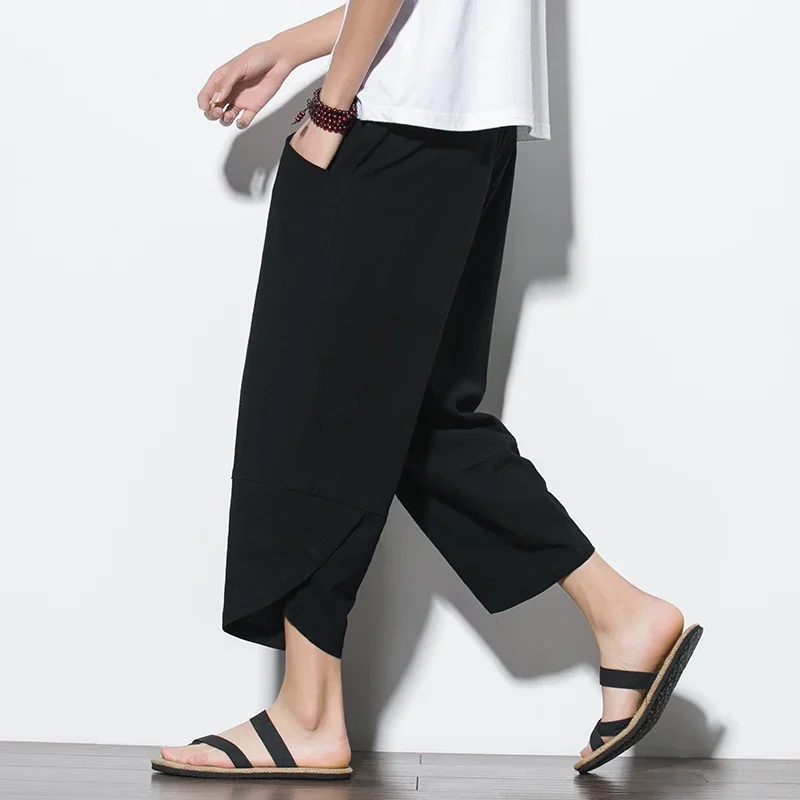 2024 New Summer Men Chinese Style Harem Pants Men Streetwear Breathable Beach Pants Male Casual Calf-Lenght Trousers