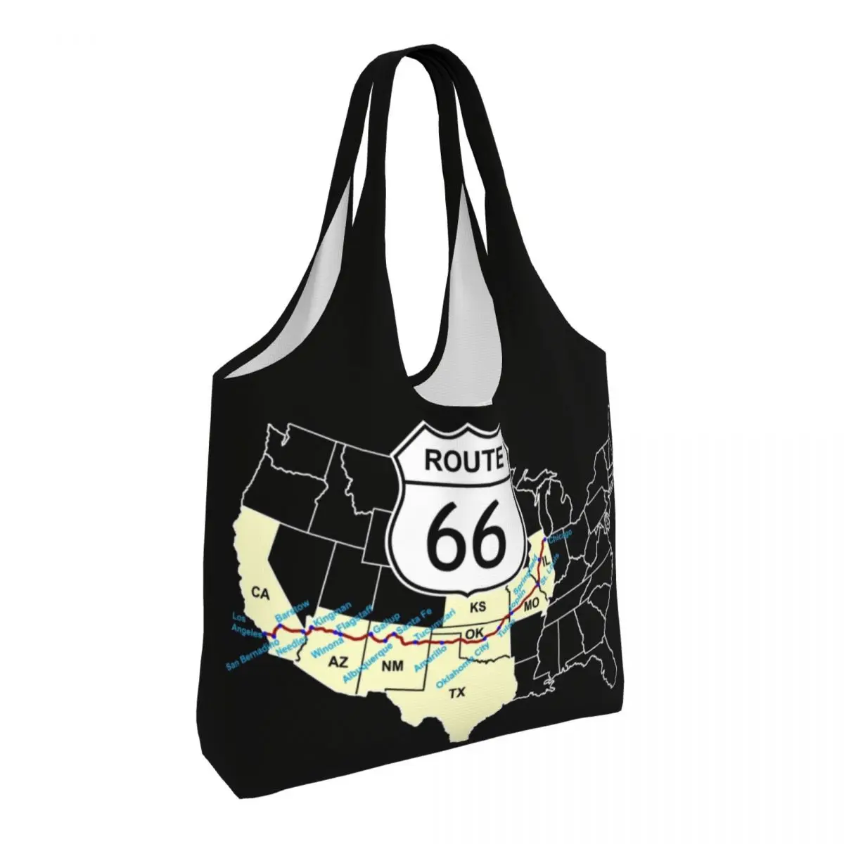 Funny Print Route 66 Map Shopping Tote Bag Durable Canvas Shoulder Shopper USA Highways Bags Photographer Handbag