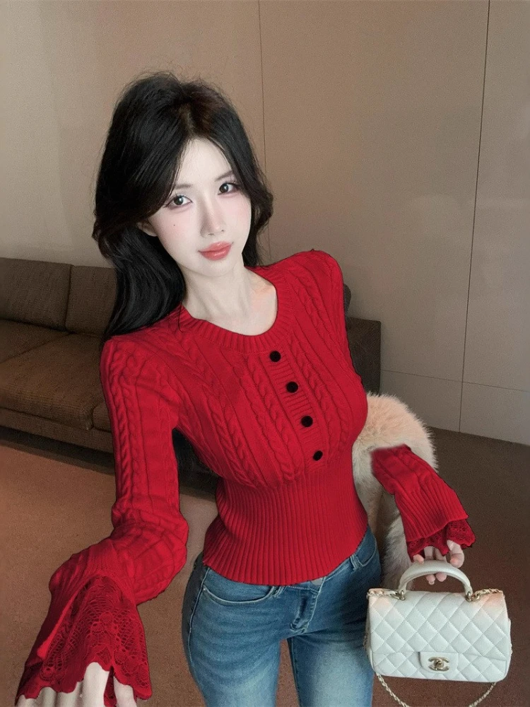 بلوفرات شتوية مثيرة موديل 2025 برقبة 0 متماسكة وبلوفرات مقصوصة للنساء بخصر مضلع وبلوزات ضيقة للخريف بطبقات